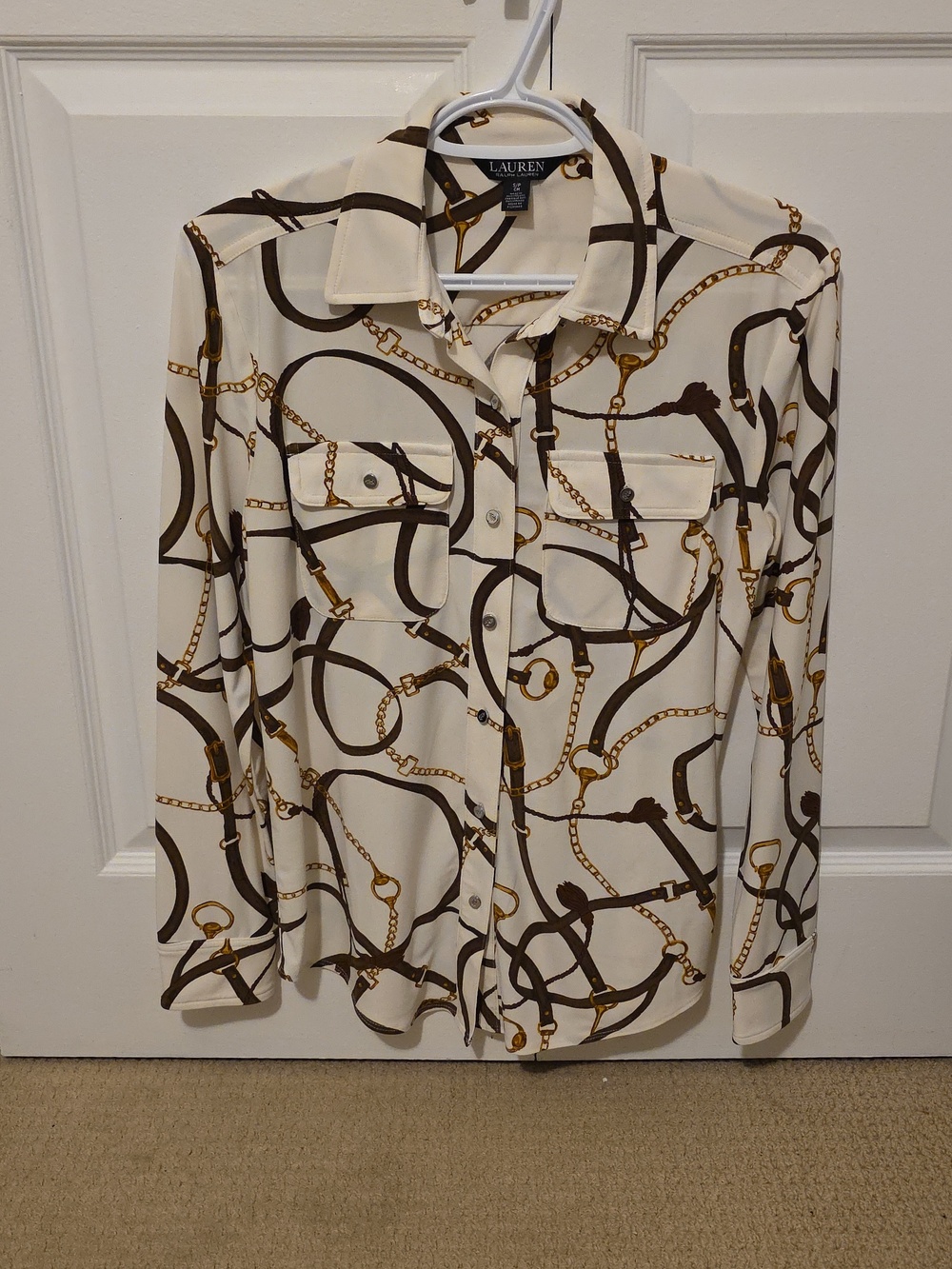 Lauren Ralph Lauren Cream Shirt with Brown and Gold Chain Print